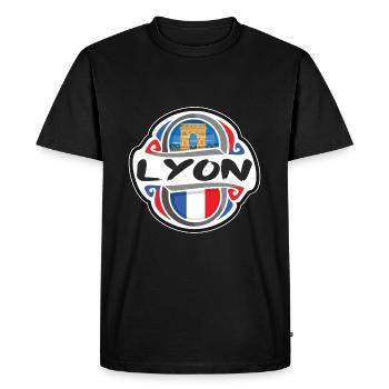 Lyon France Drapeau Badge Voyage Souvenir Timbre - T-shirt Premium bio Homme - noir - Devant - Nico (187cm)