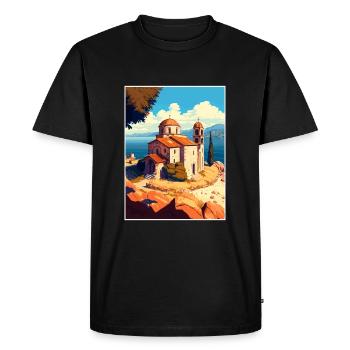 Église du lac de l’île d’Ohrid de Saint-Jean-de-Macédoine - T-shirt Premium bio Homme - noir - Devant - Nico (187cm)