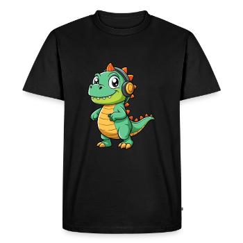 dinosaure drôle dessin animé personnage casque musique - T-shirt Premium bio Homme - noir - Devant - Nico (187cm)
