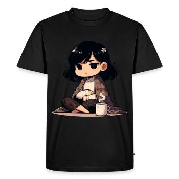 Cozy Anime Character with Hot Drink - Men's Premium Organic T-Shirt - black - Front - Nico (187cm)