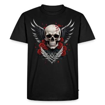 Tête de mort ailée & roses rouges, gothique, crâne - T-shirt Premium bio Homme - noir - Devant - Nico (187cm)
