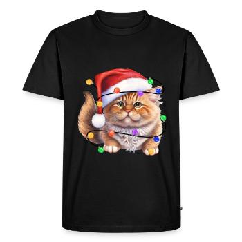 Cat with Christmas hat and lights - Men's Premium Organic T-Shirt - black - Front - Nico (187cm)