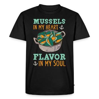 Moules Fruits de mer Coquillages - T-shirt Premium bio Homme - noir - Devant - Nico (187cm)