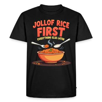 Riz Jollof Cuisine d’Afrique de l’Ouest Nigériane - T-shirt Premium bio Homme - noir - Devant - Nico (187cm)