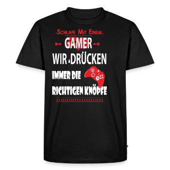 Gamer Shirt · Boutons poussants · Cadeau de couchage - T-shirt Premium bio Homme - noir - Devant - Nico (187cm)