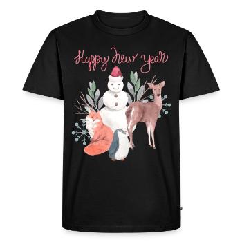Bonne année avec bonhomme de neige et cerf - T-shirt Premium bio Homme - noir - Devant - Nico (187cm)