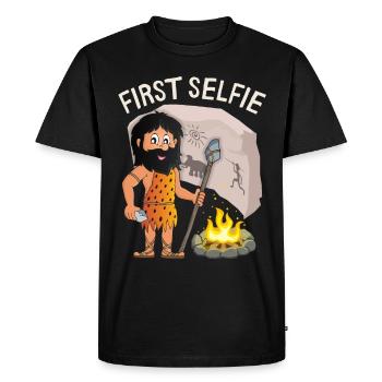 Drôle de Néandertal, premier selfie, dicton, jeu de mots - T-shirt Premium bio Homme - noir - Devant - Nico (187cm)