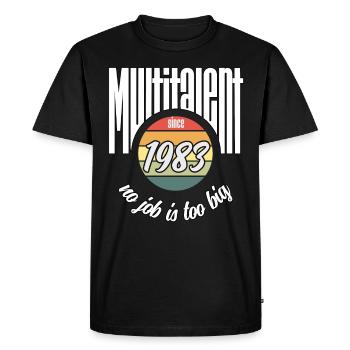 Multi-talents depuis 1983. Drôle de millésime - T-shirt Premium bio Homme - noir - Devant - Nico (187cm)