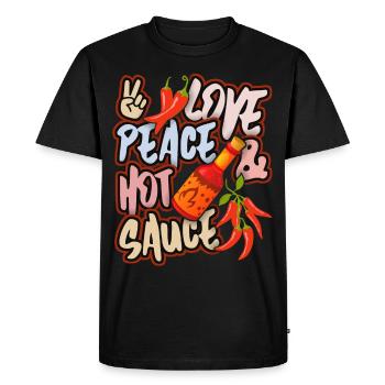 Pepperoni, sauce piquante au poivre, paix et amour - T-shirt Premium bio Homme - noir - Devant - Nico (187cm)