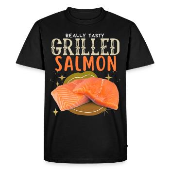 Saumon, Saumon, Pavé de Saumon, Saumon grillé - T-shirt Premium bio Homme - noir - Devant - Nico (187cm)