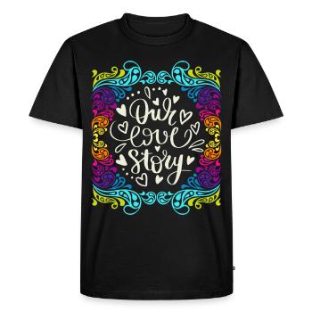 Our Love Story, en disant dans un style groovy des années 70 - T-shirt Premium bio Homme - noir - Devant - Nico (187cm)