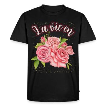 Illustration de rose, Roses aquarelle disant La Vie En - T-shirt Premium bio Homme - noir - Devant - Nico (187cm)