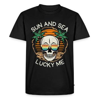 Crâne qui rit, Plage, Coucher de soleil - T-shirt Premium bio Homme - noir - Devant - Nico (187cm)