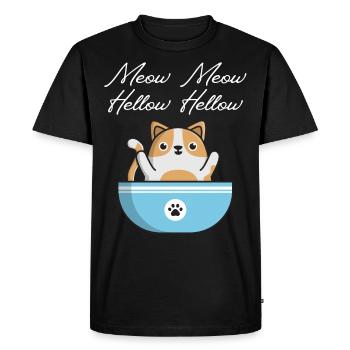 Funny Cat with Food Bowl, Saying Meow - Men's Premium Organic T-Shirt - black - Front - Nico (187cm)