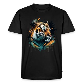 Tigre aux feuilles qui tombent - T-shirt Premium bio Homme - noir - Devant - Nico (187cm)