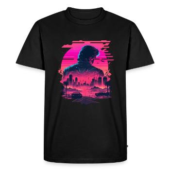 Synthwave City Skyline - Men's Premium Organic T-Shirt - black - Front - Nico (187cm)