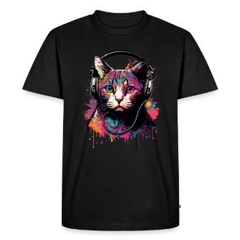 Chat coloré avec casque - T-shirt Premium bio Homme - noir - Devant - Nico (187cm)