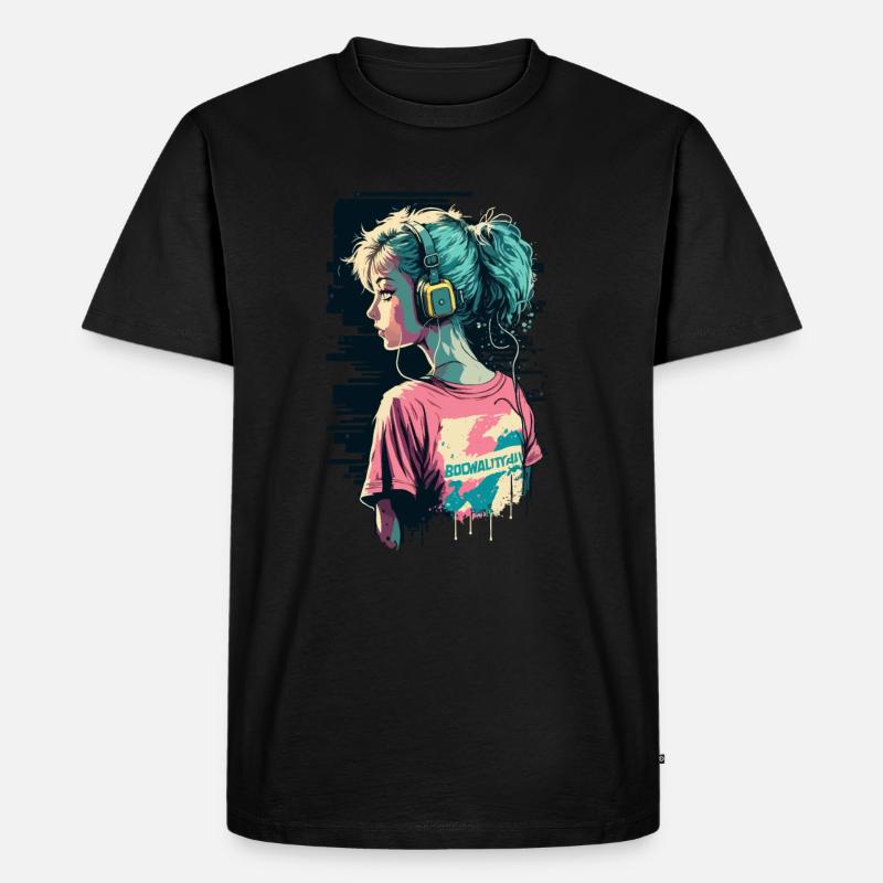80er Jahre Mädchen mit Kopfhörern - Männer Premium Bio T-Shirt - Schwarz