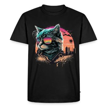 Chat de style synthwave - T-shirt Premium bio Homme - noir - Devant - Nico (187cm)