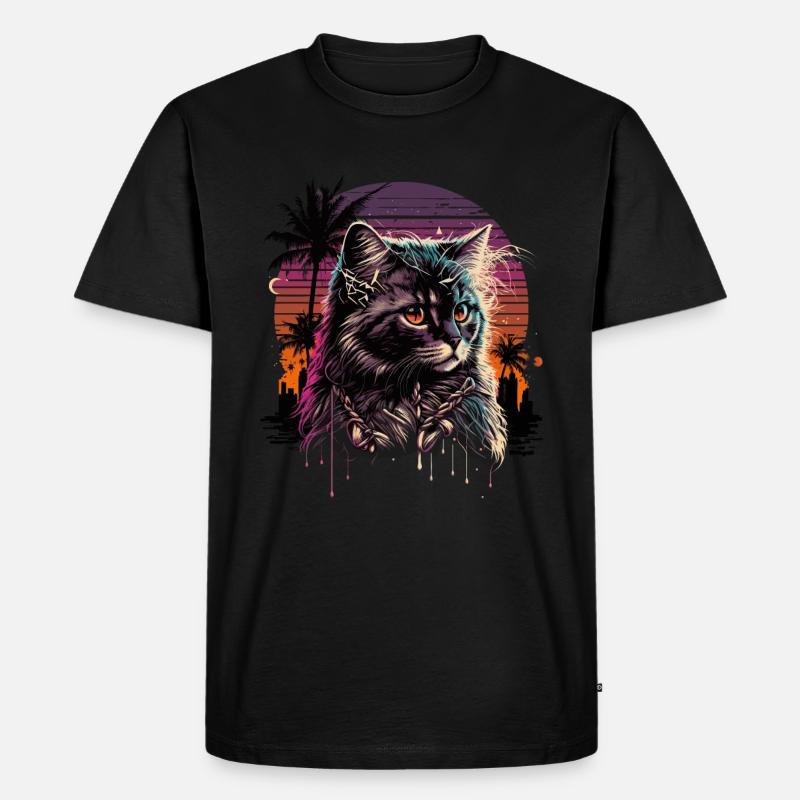Synthwave Katze - Männer Premium Bio T-Shirt - Schwarz