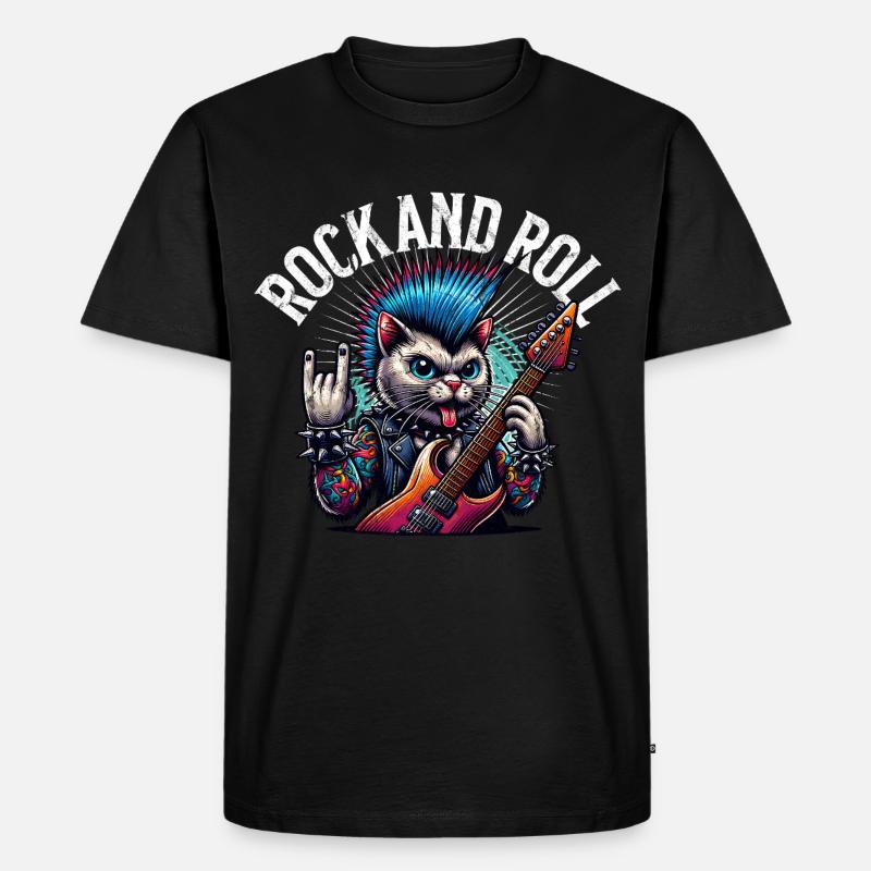 Katze Rock and Roll Gitarrist - Männer Premium Bio T-Shirt - Schwarz
