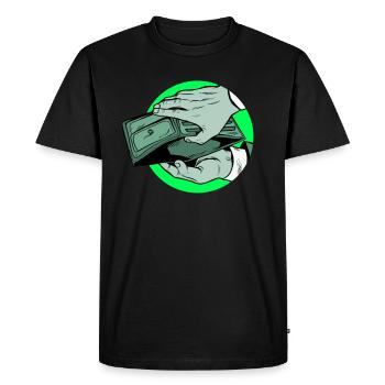 Money arm purse donation miserly stinginess begging - Men's Premium Organic T-Shirt - black - Front - Nico (187cm)