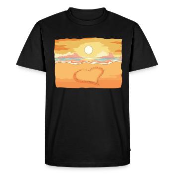 Coeur peint dans le sable au bord de la mer avec coucher de soleil - T-shirt Premium bio Homme - noir - Devant - Nico (187cm)