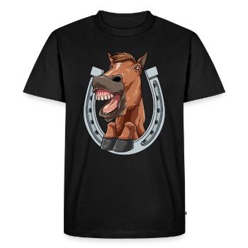Horse laughs and shows teeth with horseshoe - Men's Premium Organic T-Shirt - black - Front - Nico (187cm)