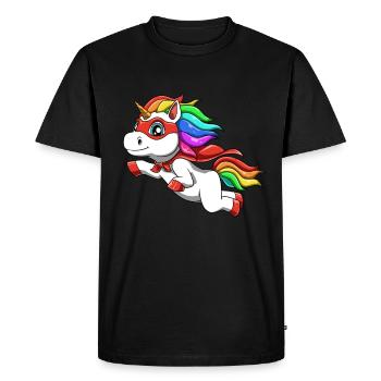 Funny unicorn as a hero for a superhero - Men's Premium Organic T-Shirt - black - Front - Nico (187cm)