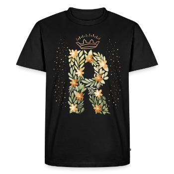 Monogram letter R with crown, floral ornament - Men's Premium Organic T-Shirt - black - Front - Nico (187cm)