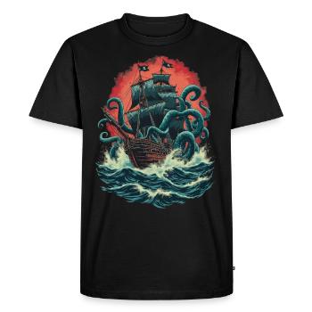 Piratenschiff Kraken Ozean Schlacht Riesiges Seeungeheuer - Männer Premium Bio T-Shirt - Schwarz - Vorne - Nico (187cm)