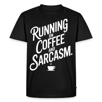 "Running on Coffee and Sarcasm" Bold Text Design - Men's Premium Organic T-Shirt - black - Front - Nico (187cm)
