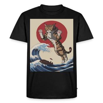 Art de la vague de chat - Illustration d’inspiration japonaise - T-shirt Premium bio Homme - noir - Devant - Nico (187cm)