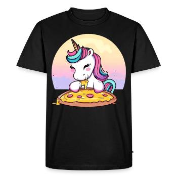 Licorne mangeant une pizza au coucher du soleil - T-shirt Premium bio Homme - noir - Devant - Nico (187cm)