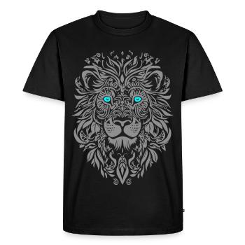 Silberne Löwe mit blauen Augen und Blattmuster - Männer Premium Bio T-Shirt - Schwarz - Vorne - Nico (187cm)