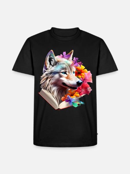 Wolf Lesen Buch - Männer Premium Bio T-Shirt - Schwarz