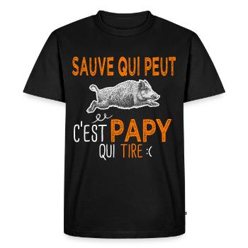 Papi c'est papy qui tire Humour Chasseur - T-shirt Premium bio Homme - noir - Devant - Nico (187cm)