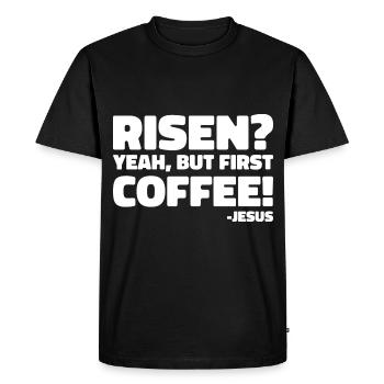 Risen yes But First Coffee Jesus Easter - Men's Premium Organic T-Shirt - black - Front - Nico (187cm)