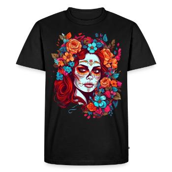 Dia de los muertos femme maquillage avec des fleurs - T-shirt Premium bio Homme - noir - Devant - Nico (187cm)