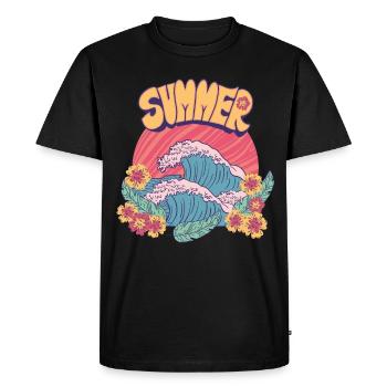 Vagues Été Fleurs Eau Coucher de Soleil Plumes - T-shirt Premium bio Homme - noir - Devant - Nico (187cm)