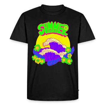 Vagues Fleurs d’été Mer Coucher de soleil Plumes - T-shirt Premium bio Homme - noir - Devant - Nico (187cm)