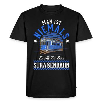 Man ist niemals zu alt für eine Straßenbahn - Männer Premium Bio T-Shirt - Schwarz - Vorne - Nico (187cm)