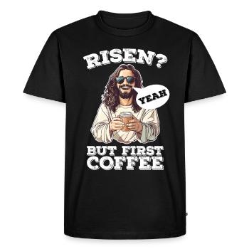 Risen yes But First Coffee Jesus Easter - Men's Premium Organic T-Shirt - black - Front - Nico (187cm)