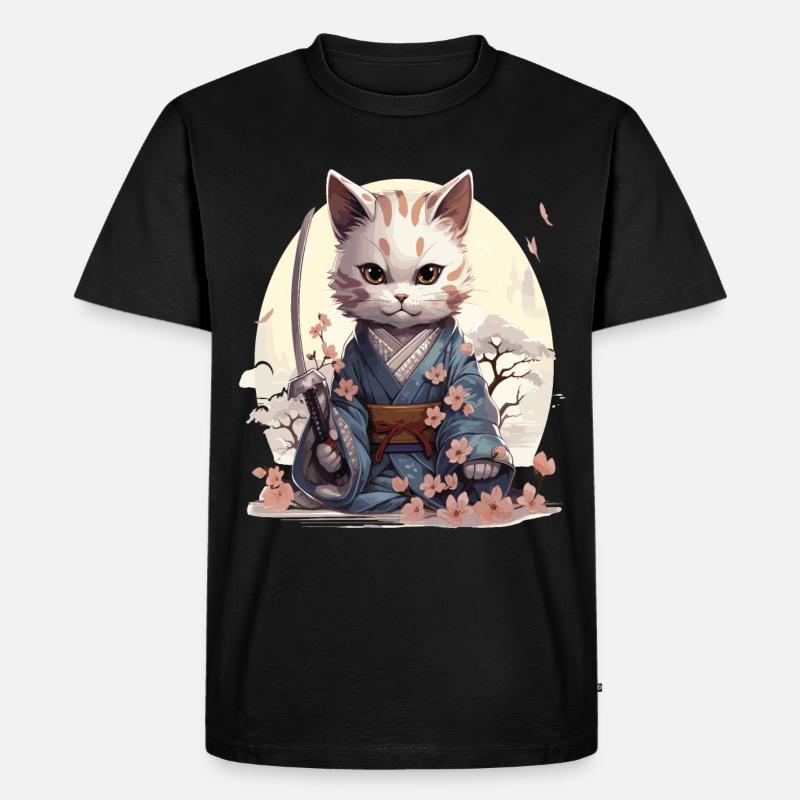 Kawaii Samurai-Katze mit Katana - Männer Premium Bio T-Shirt - Schwarz