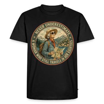 Baroudeuse de 80 ans : L'Aventure Continue - T-shirt Premium bio Homme - noir - Devant - Nico (187cm)