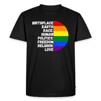 Lieu de naissance Religion Amour Liberté Vie Personnes - T-shirt Premium bio Homme - noir - Devant - Nico (187cm)