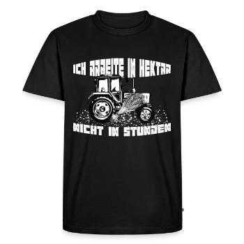 Tracker, I work in hectares, not hours - Men's Premium Organic T-Shirt - black - Front - Nico (187cm)