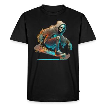 A skeleton with a hoodie riding a skateboard - Men's Premium Organic T-Shirt - black - Front - Nico (187cm)