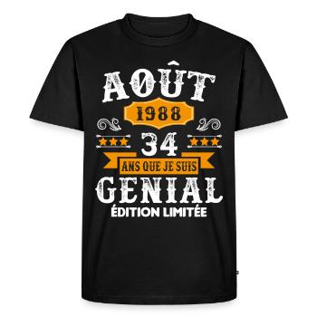 34 Ans Anniversaire Vintage Né(e) en Août 1988 - T-shirt Premium bio Homme - noir - Devant - Nico (187cm)