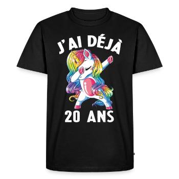 J'ai Déja 20 Ans Cadeau Anniversaire Fille Licorne - T-shirt Premium bio Homme - noir - Devant - Nico (187cm)